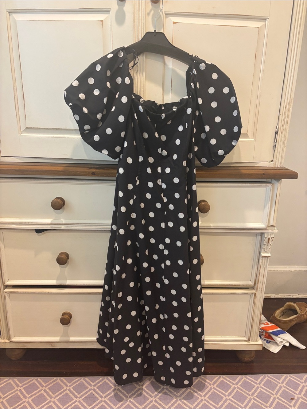Black Polka Dot Puff Sleeve Midi Dress